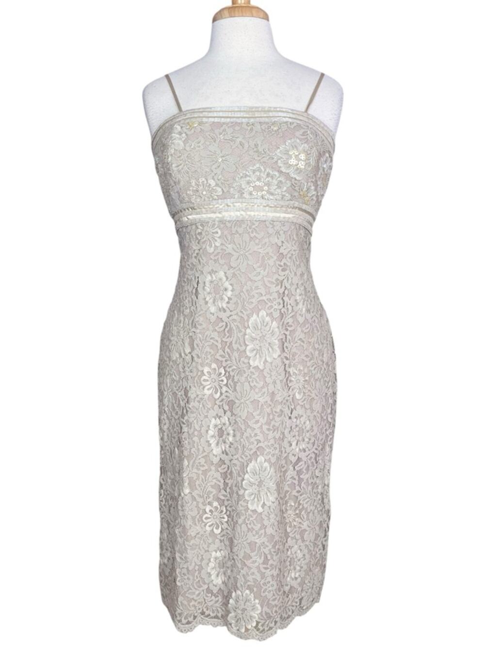 Tadashi Shoji Sequin Bead Lace Cocktail Dress Womens 4 Cream Beige Mother Bride